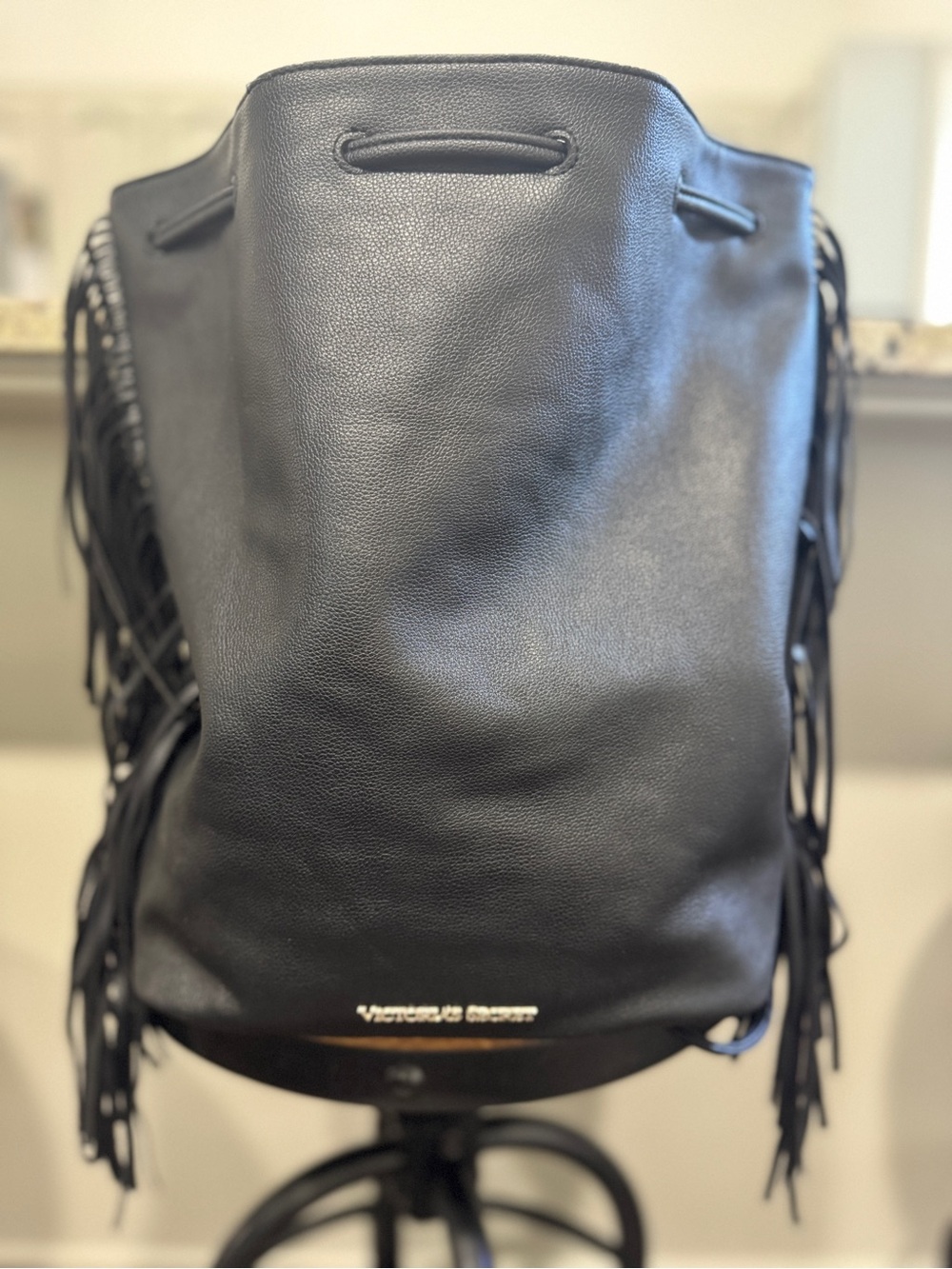 Victoria's Secret Black Leather Fringe Shoulder Bucket Bag